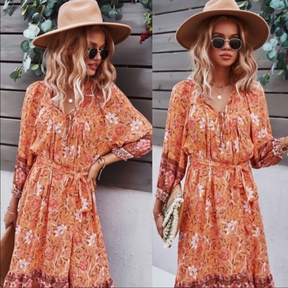 Boho floral print belted 3/4 sleeve dress - Picture 3 of 9